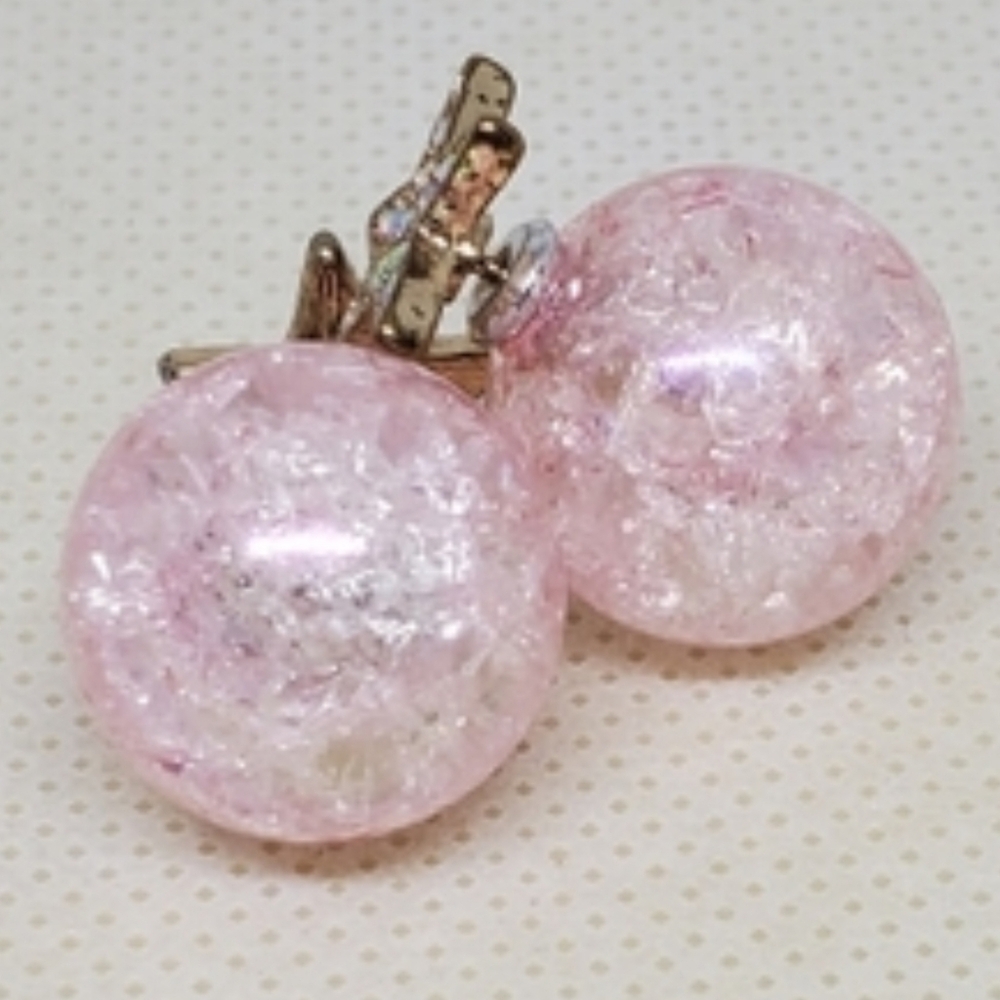 CRACKLE GLASS 3 WAY EARRINGS PINK & RHINESTONES STUDS